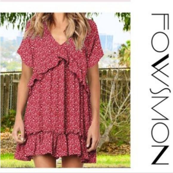 NWT FOWSMON Womens Ruffle Flowy Swing Dress Short Sleeve V Neck Loose Fit - Picture 7 of 7